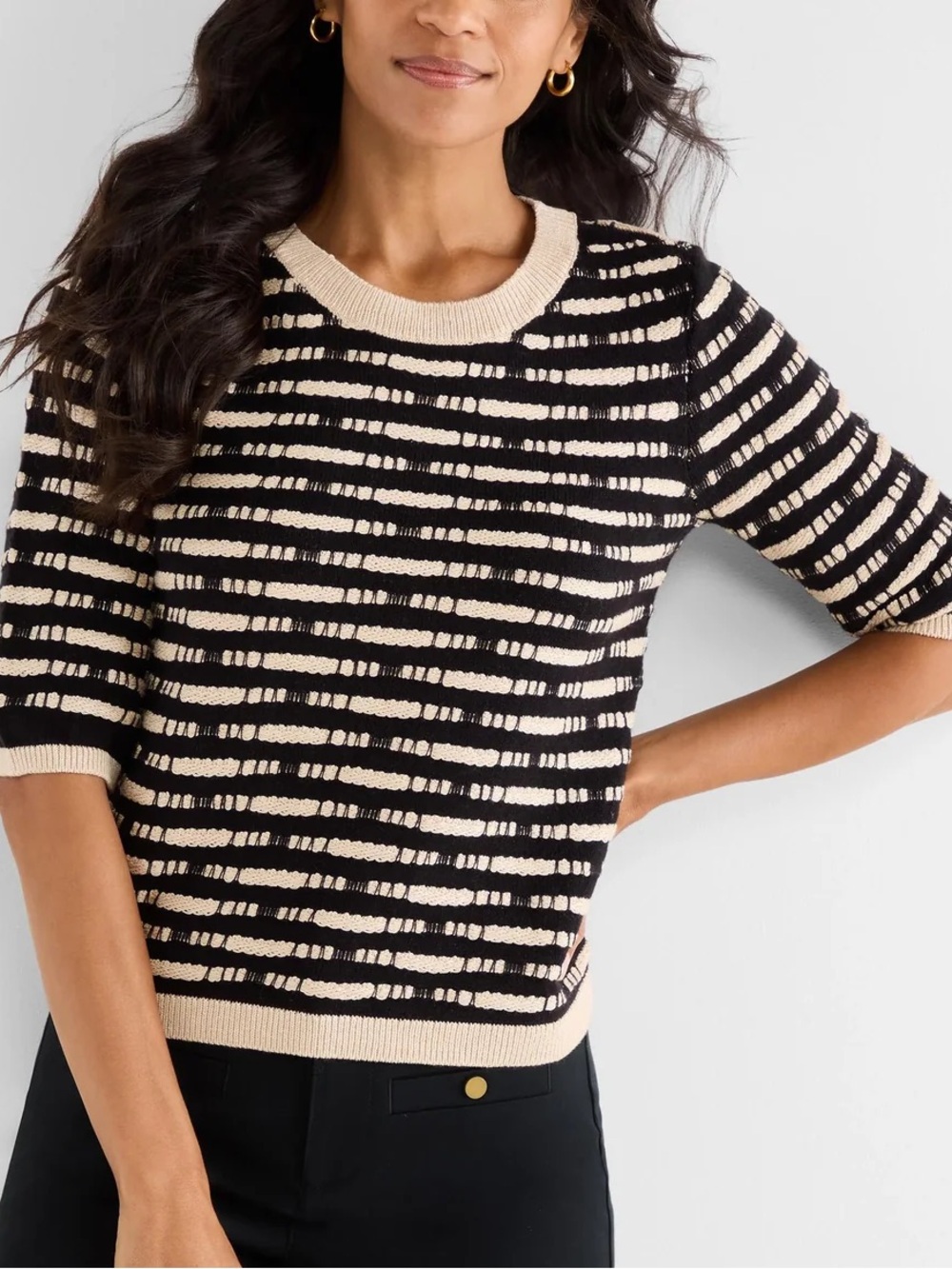 NIC+ZOE Atelier Sweater | Black & Cream Textured Stripe | Size M